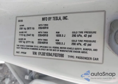 2020 Tesla Model 3 Long Range Dual Motor All-Wheel Drive из США, поврежденный, VIN 5YJ3E1EB4LF637090